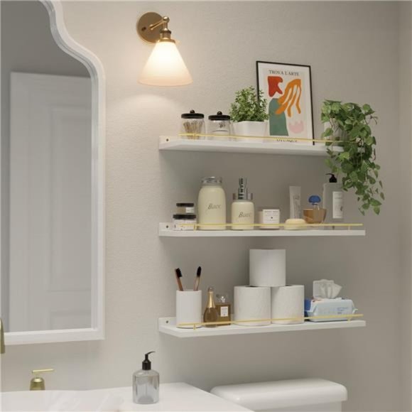 Floating Shelves 24 inches with Gold Metal Guardrail, Wall Decor Set of 3 - Picture 5 of 8